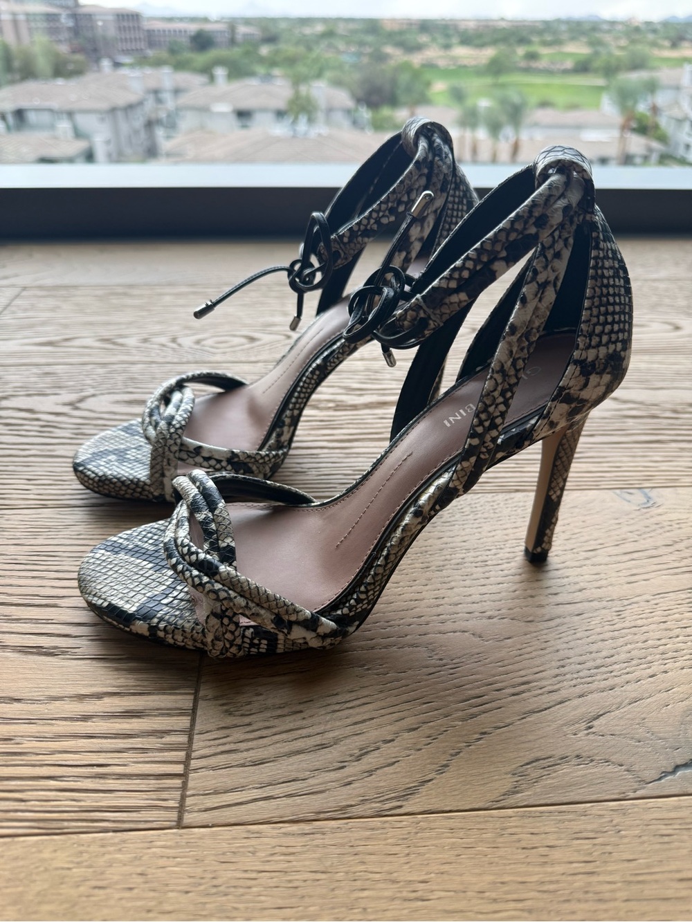Gianni Bini Black & Tan Snakeskin Ankle-Tie Stiletto Sandals